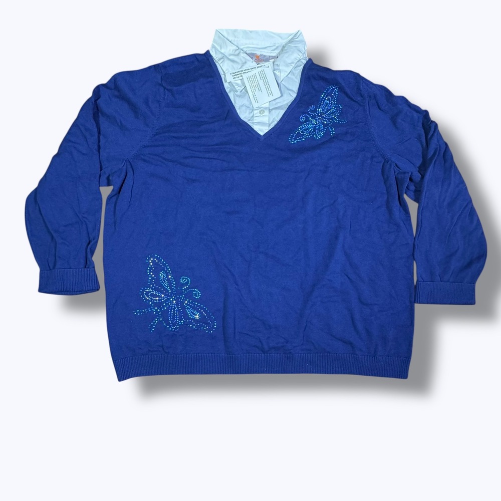 NEW Quacker Factory Blue Butterfly Rhinestone Long Sleeve Top 3X Sparkle Cute